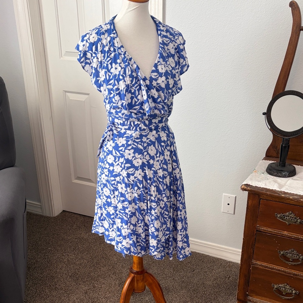 Draper James Blue and White Floral Wrap Midi Dress
